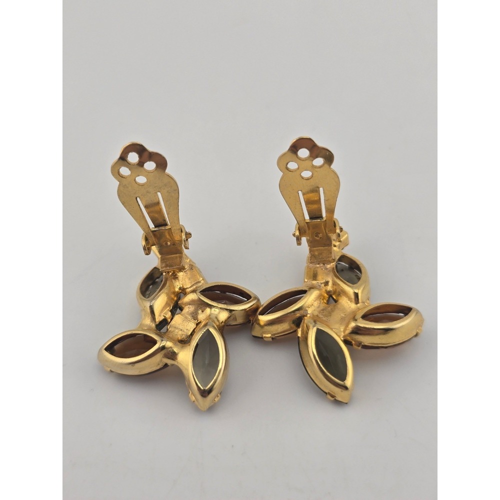 Vintage Julianna-Style Amber Tone Marquis Rhinestone Clip On Earrings - Picture 3 of 4